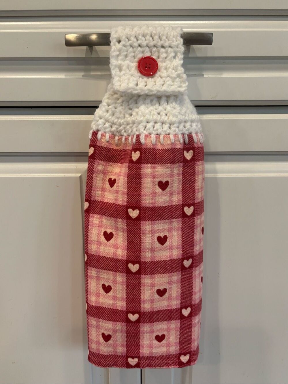 Crochet Top Kitchen Towel- Hearts-Pink plaid